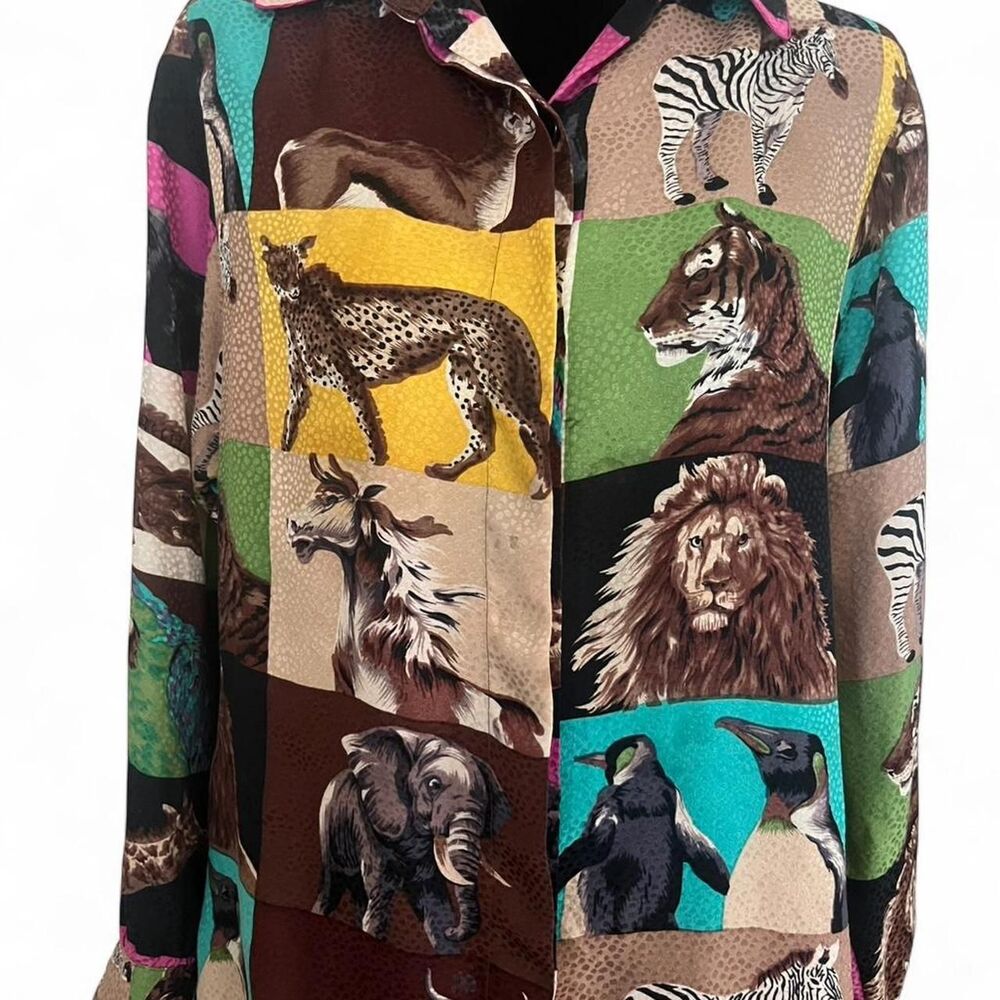 Vintage 1990s Jerri Sherman Women's Brown Multicolored 100% Silk Animals Blouse - Picture 2 of 4
